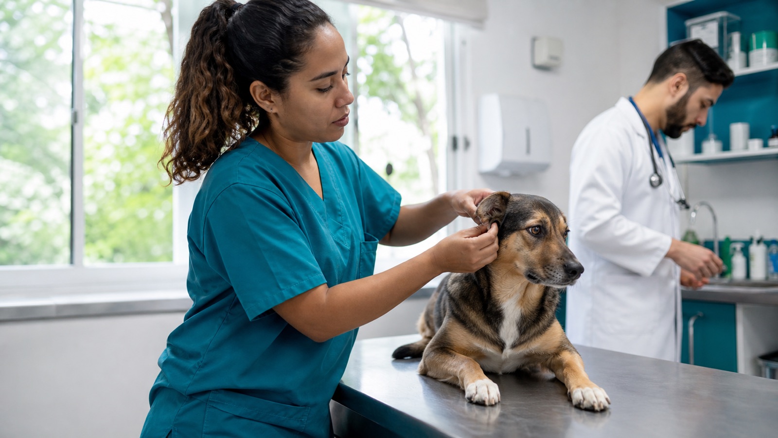 Auxiliar veterinário examinando um cachorro em uma clínica de pequenos animais