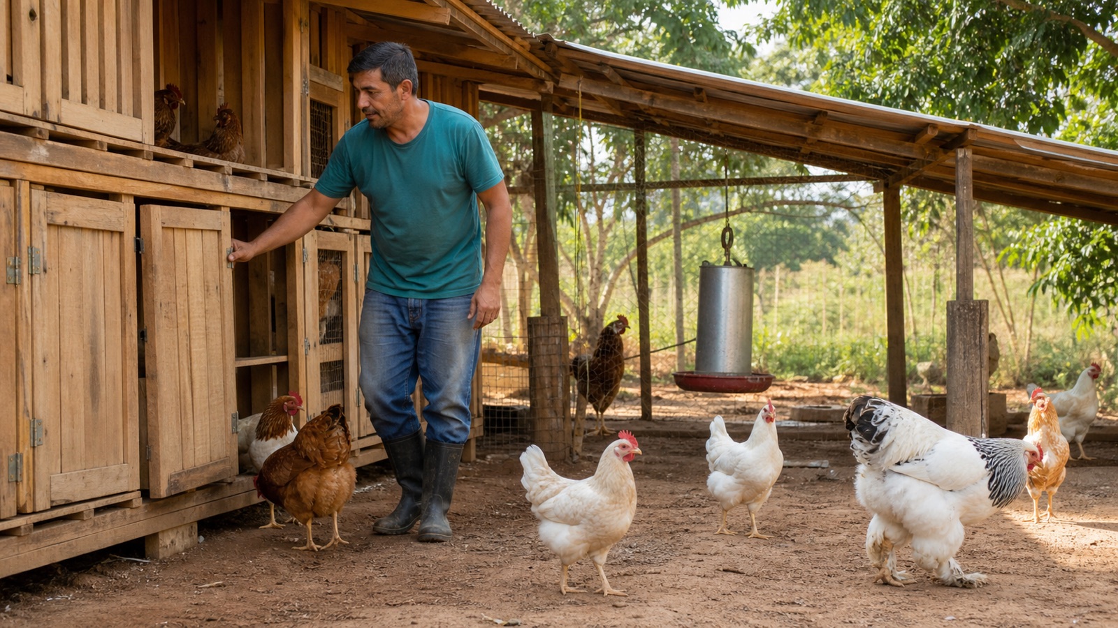 Produtora rural cuidando de galinhas de diferentes raças em um galinheiro