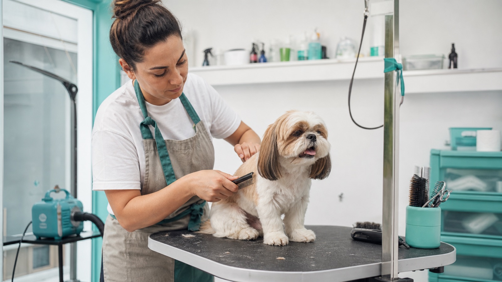 Profissional de banho e tosa escovando um cachorro de pequeno porte