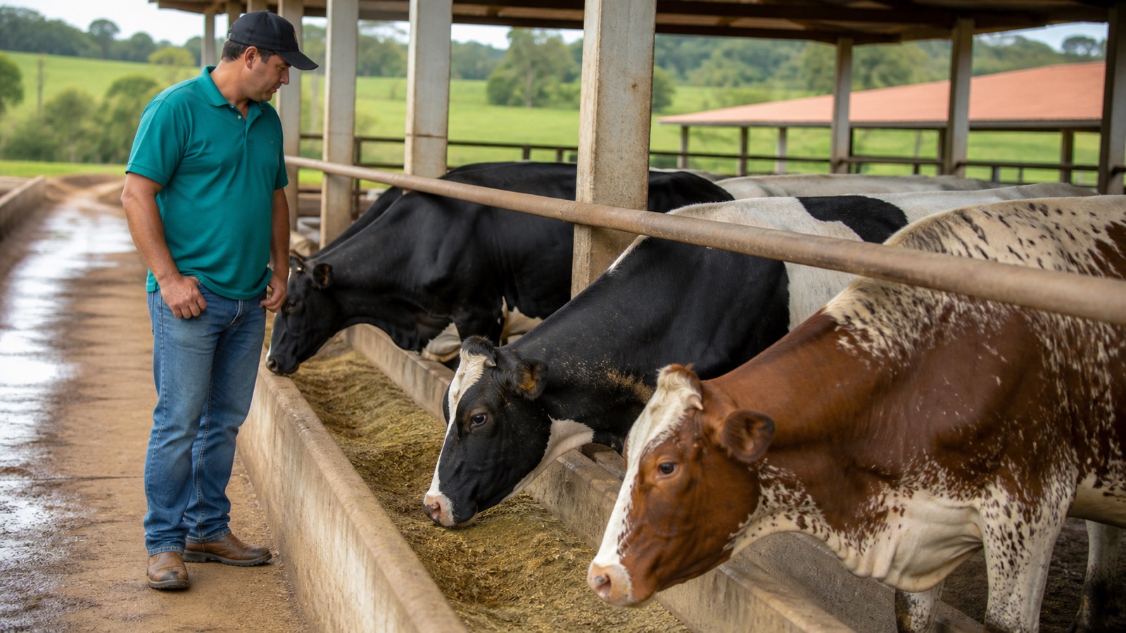 Produtor rural observando um lote de bovinos junto ao cocho