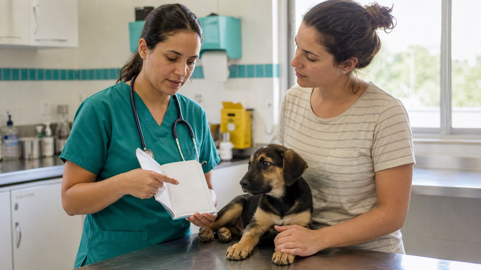 Médica-veterinária orientando a tutora de um filhote sobre vacinação