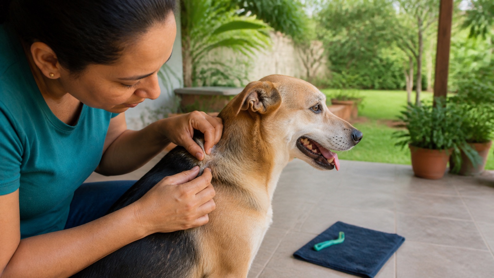 Tutora afastando o pelo do cachorro para procurar carrapatos