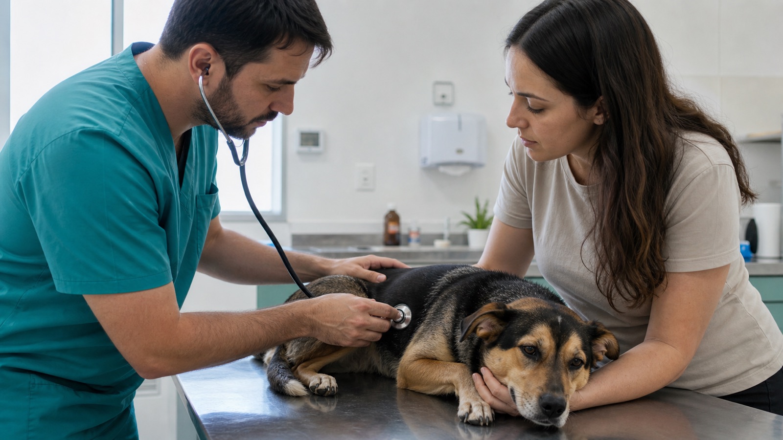 Médica-veterinária auscultando um cachorro durante consulta clínica