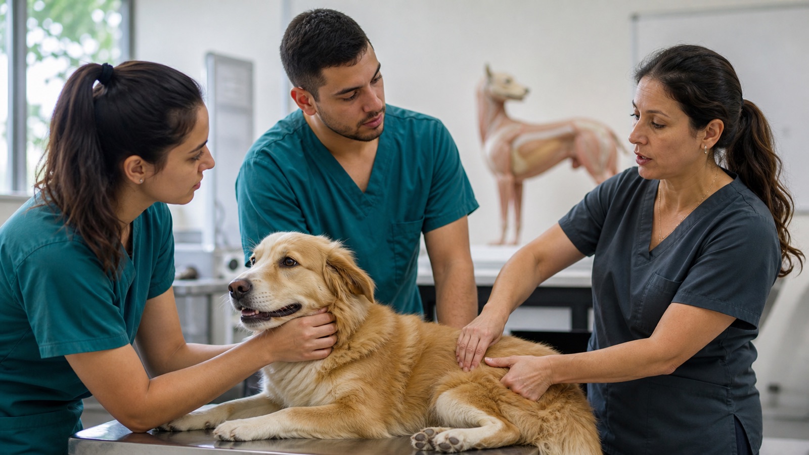 Instrutora demonstrando um procedimento com cachorro para estudantes da área veterinária