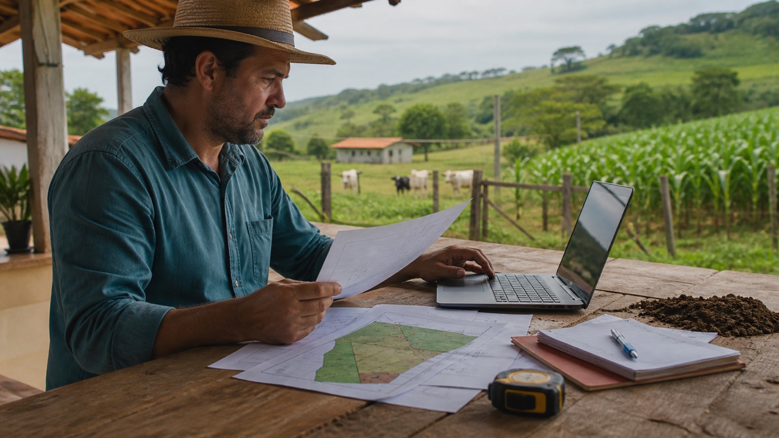 Produtor analisando documentos e um mapa da propriedade rural