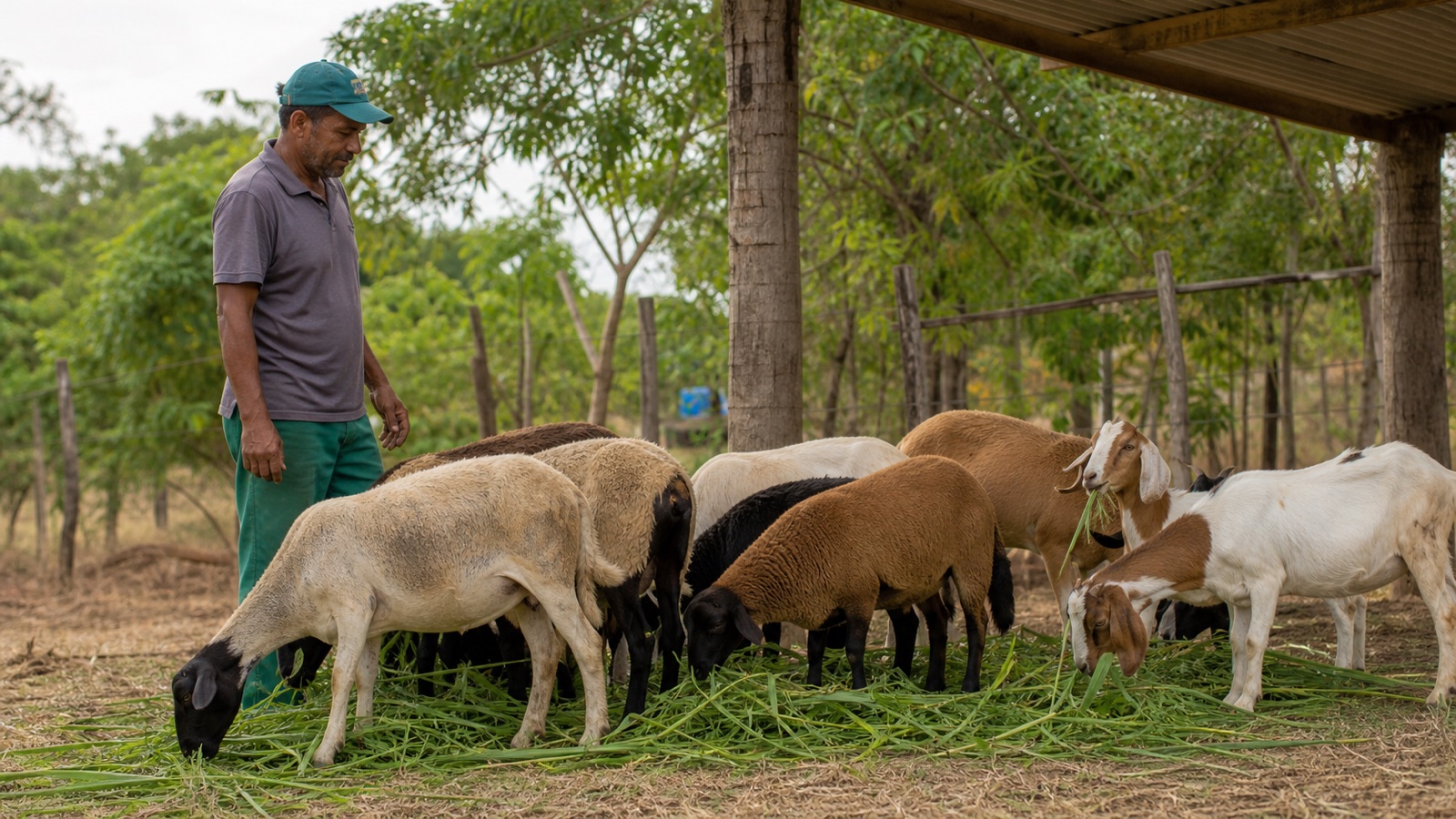 Produtora rural acompanhando cabras e ovelhas em uma propriedade