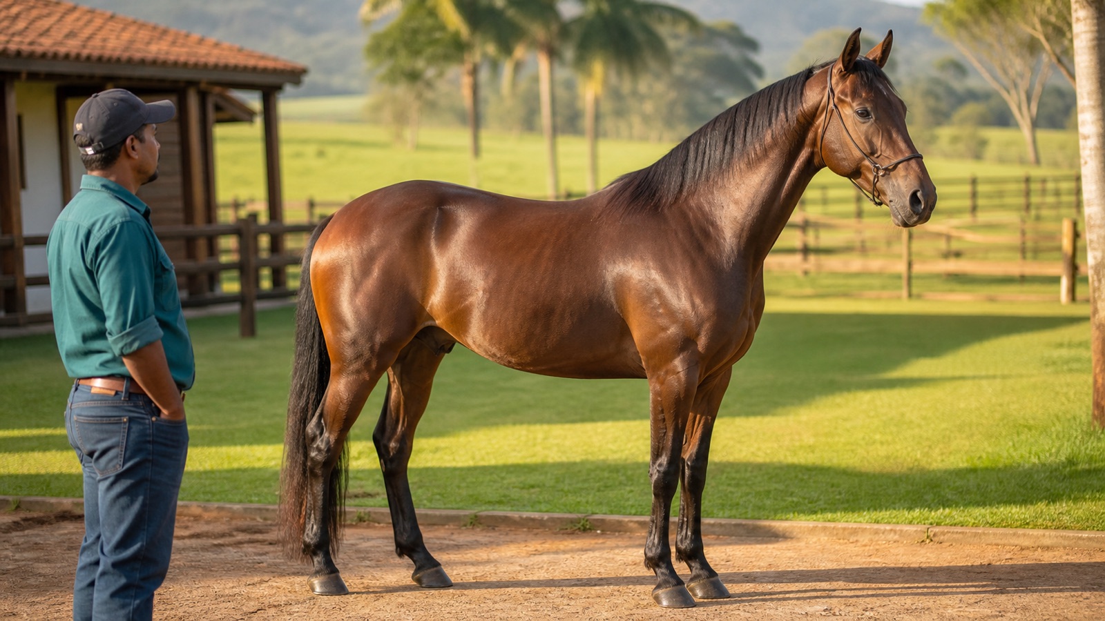 Cavalo castanho visto de perfil ao lado de seu condutor