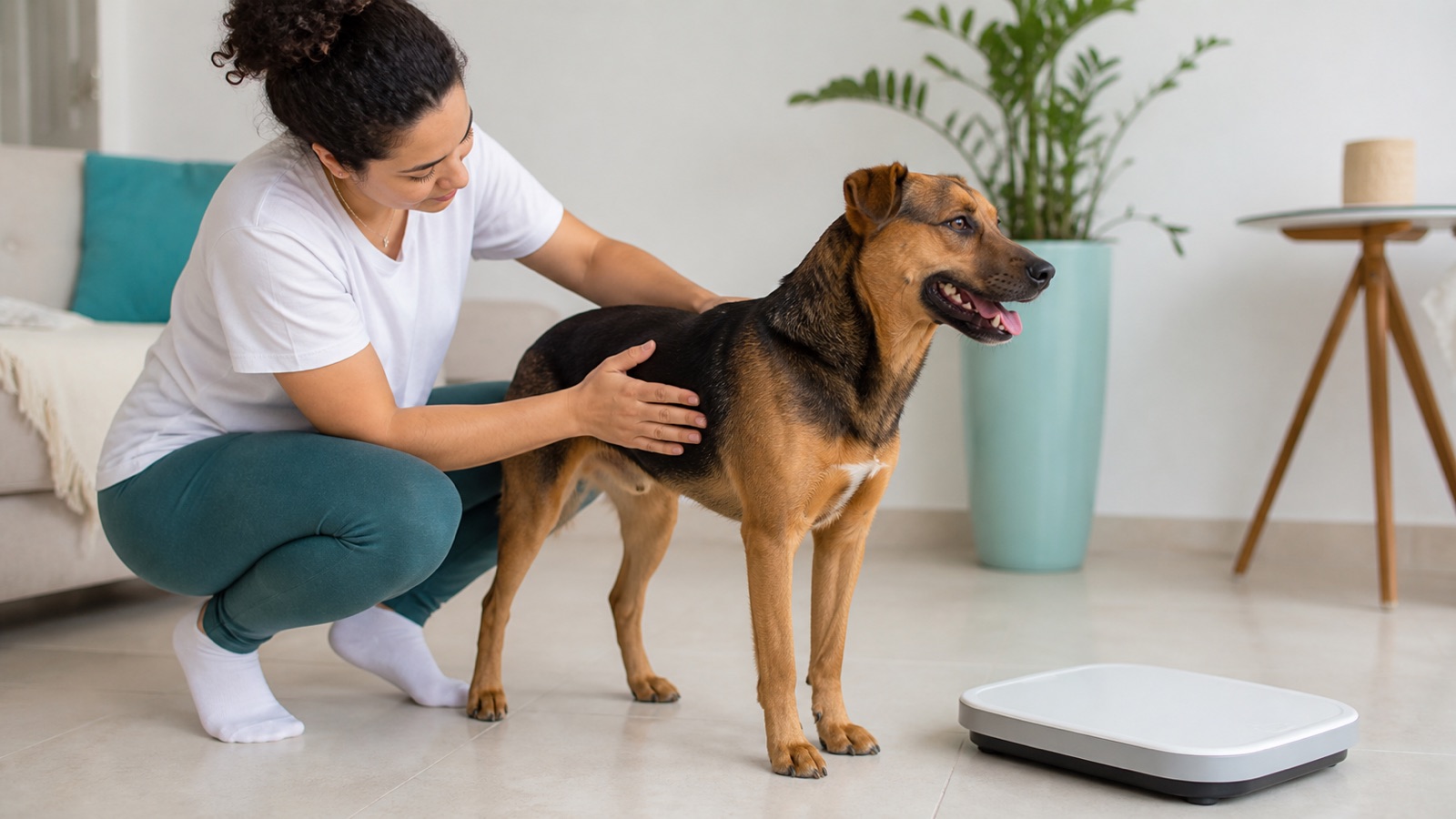 Tutora avaliando a condição corporal de um cachorro ao lado de uma balança
