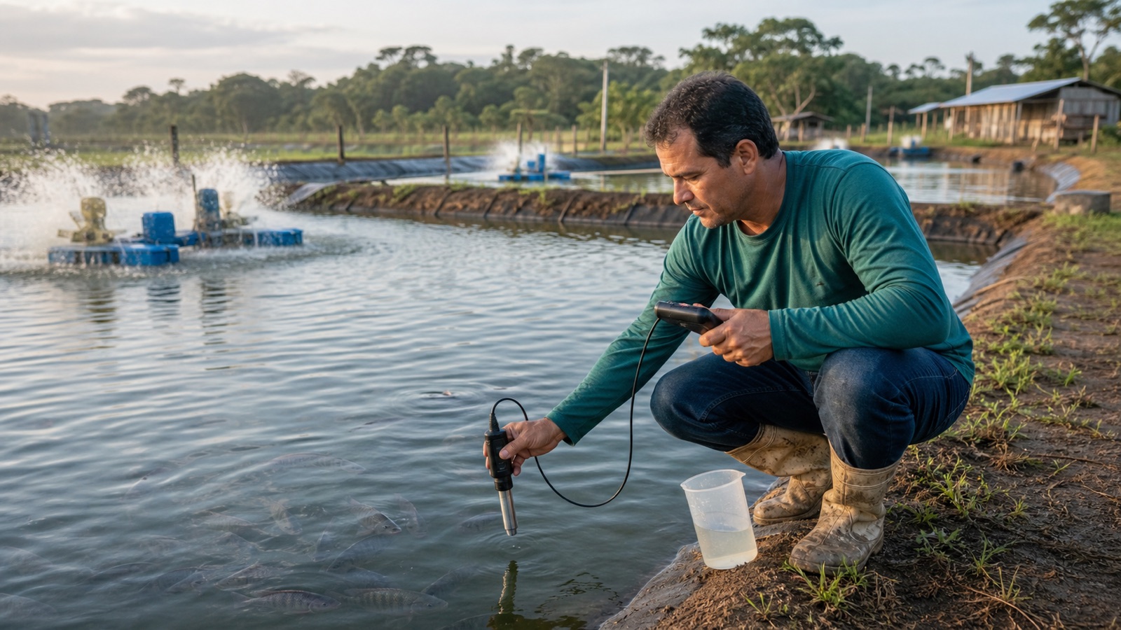 Produtor medindo a qualidade da água em um tanque de criação de peixes