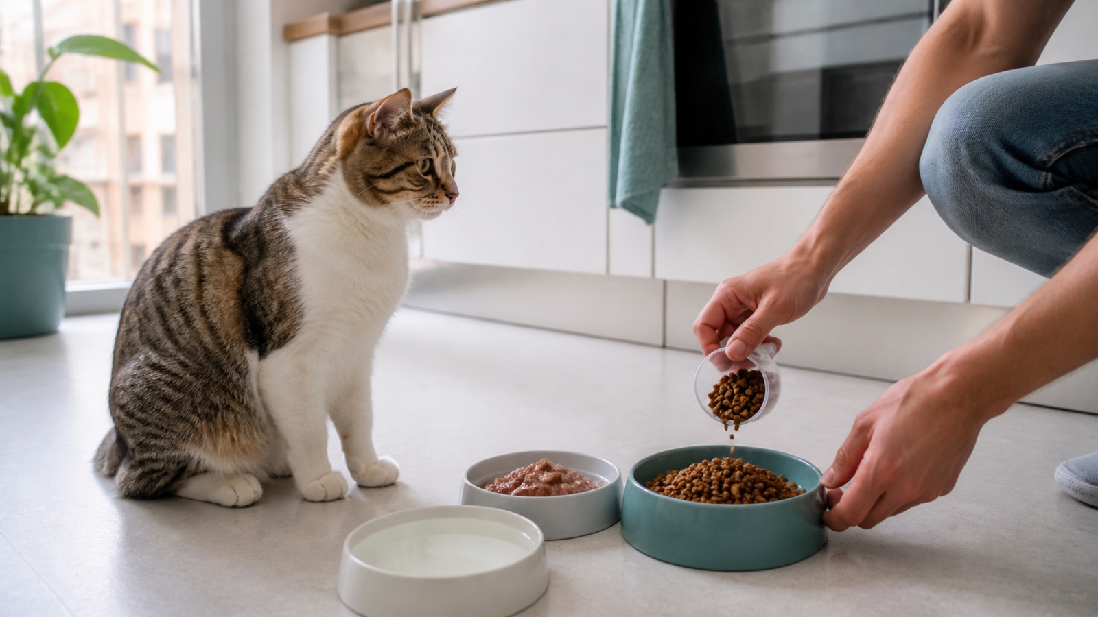 Gato ao lado de recipientes com alimento seco, alimento úmido e água