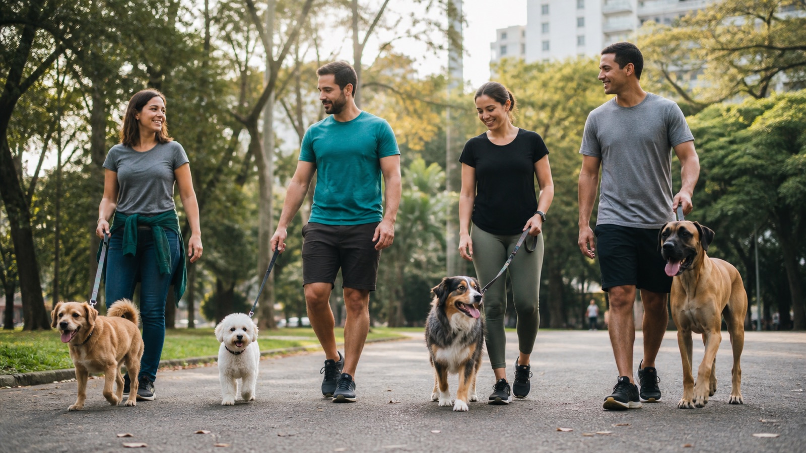 Cachorros de diferentes portes e tipos físicos reunidos em um parque