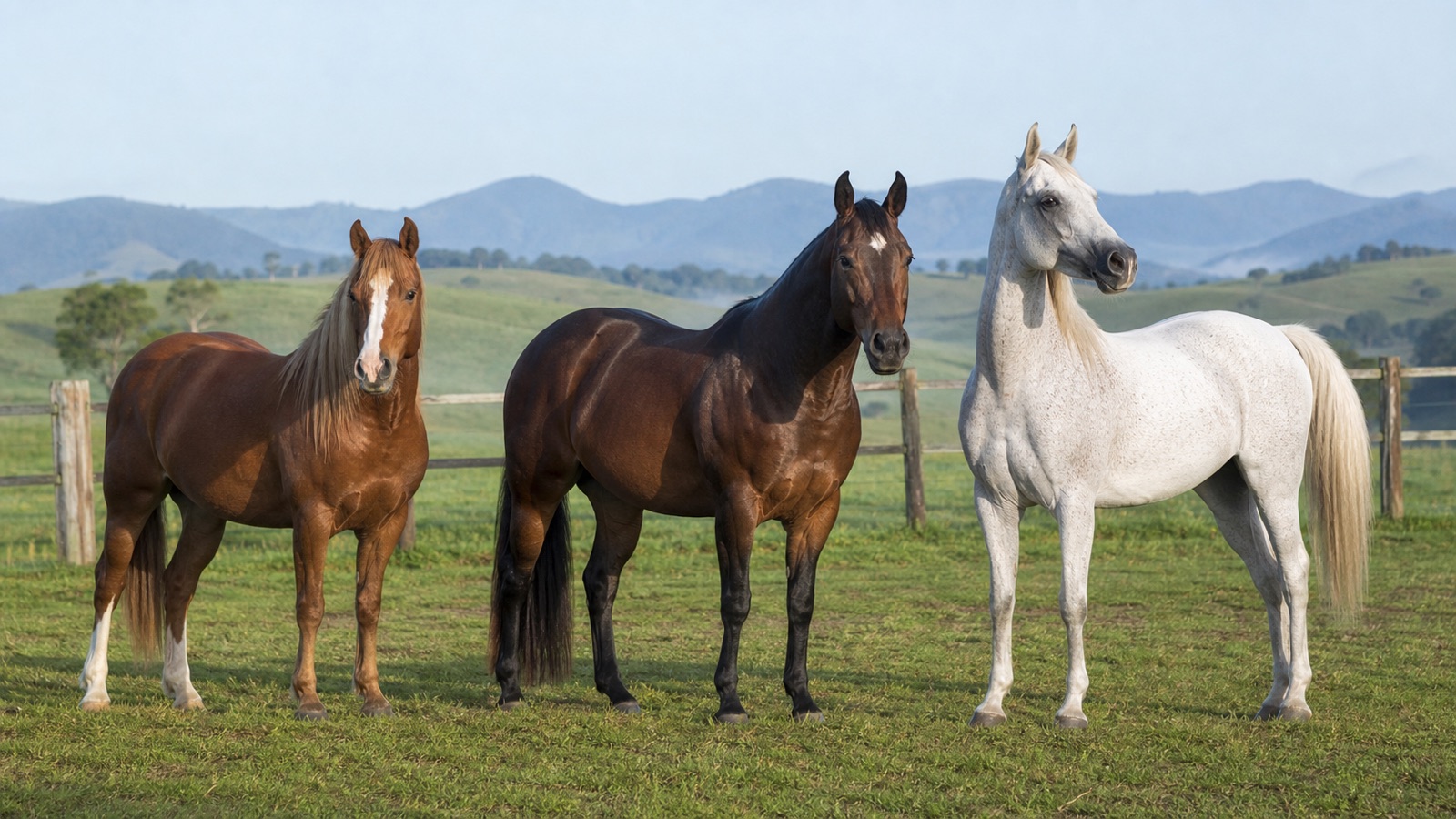 Três cavalos de pelagens e conformações diferentes em uma pastagem