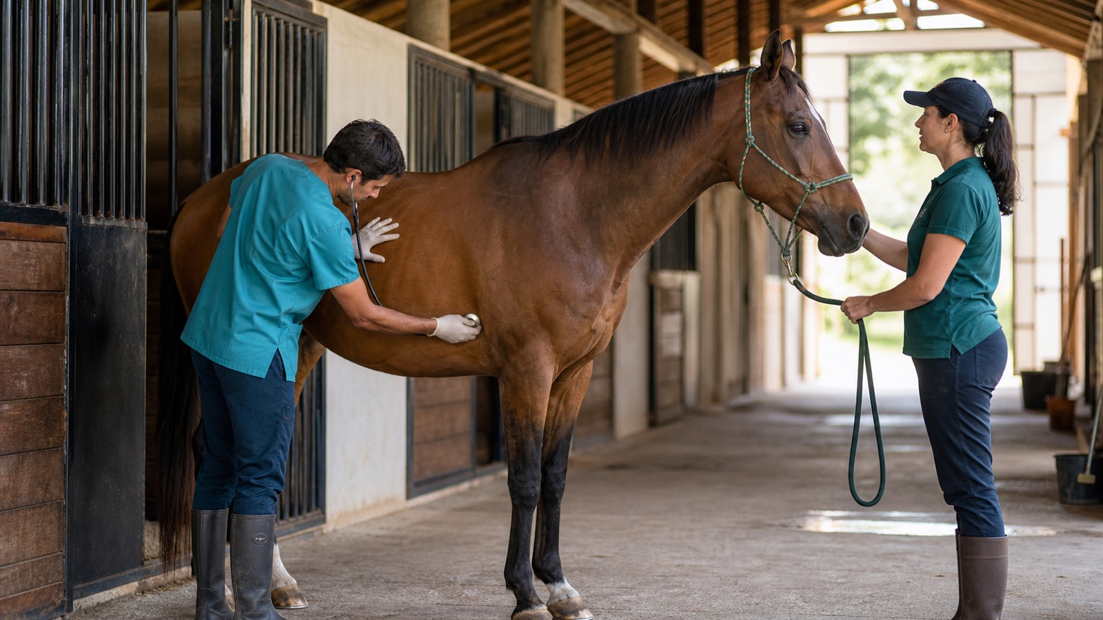 Médica-veterinária examinando um cavalo em uma propriedade rural