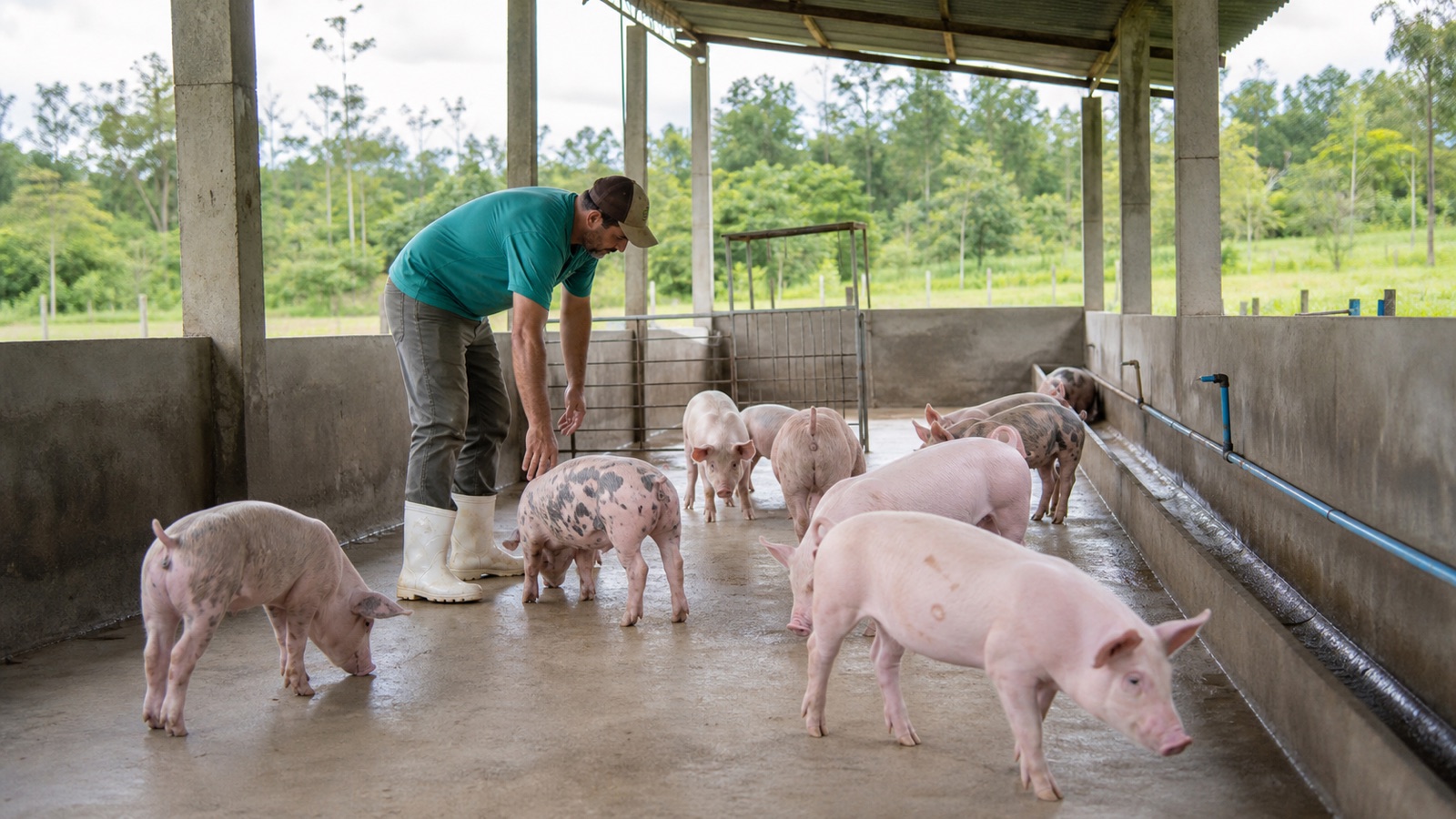 Produtor rural observando suínos em uma instalação arejada