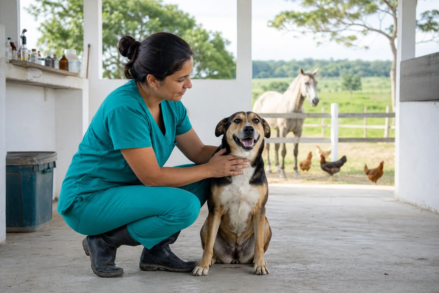 Auxiliar veterinária com um cão, um cavalo e galinhas em ambiente rural