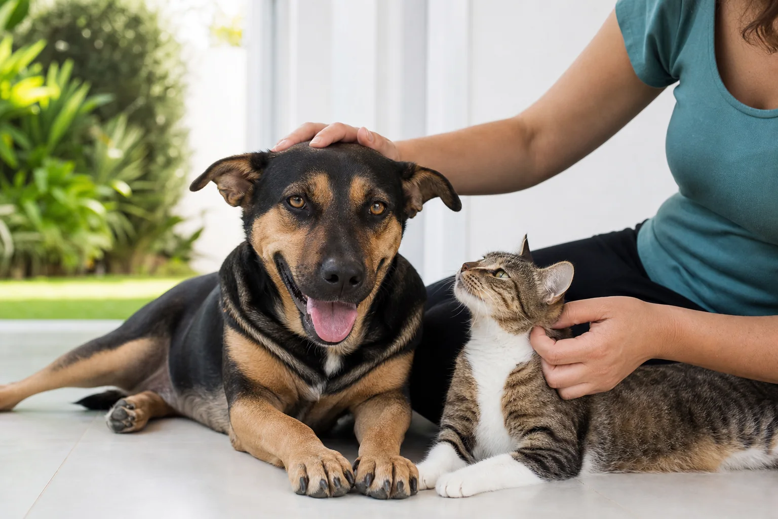 Perro y gato recibiendo cuidados en un ambiente luminoso