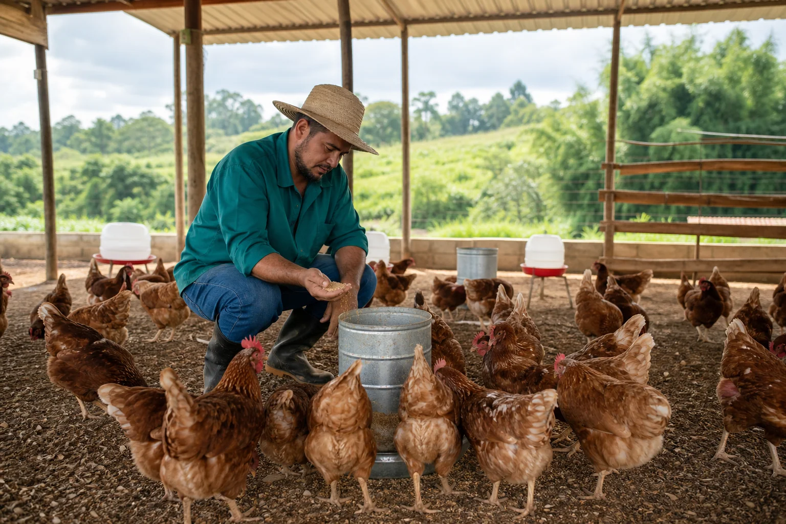 Productor rural cuidando gallinas en una granja abierta