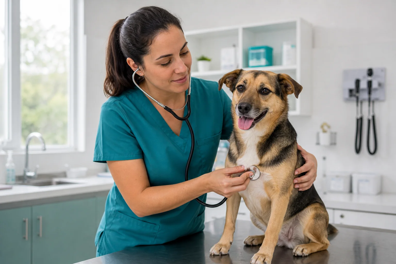 Auxiliar veterinária examinando um cão com estetoscópio