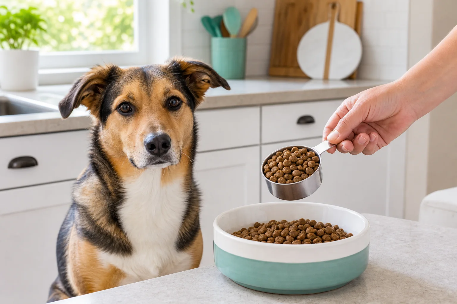 Cão ao lado de uma tigela com ração medida