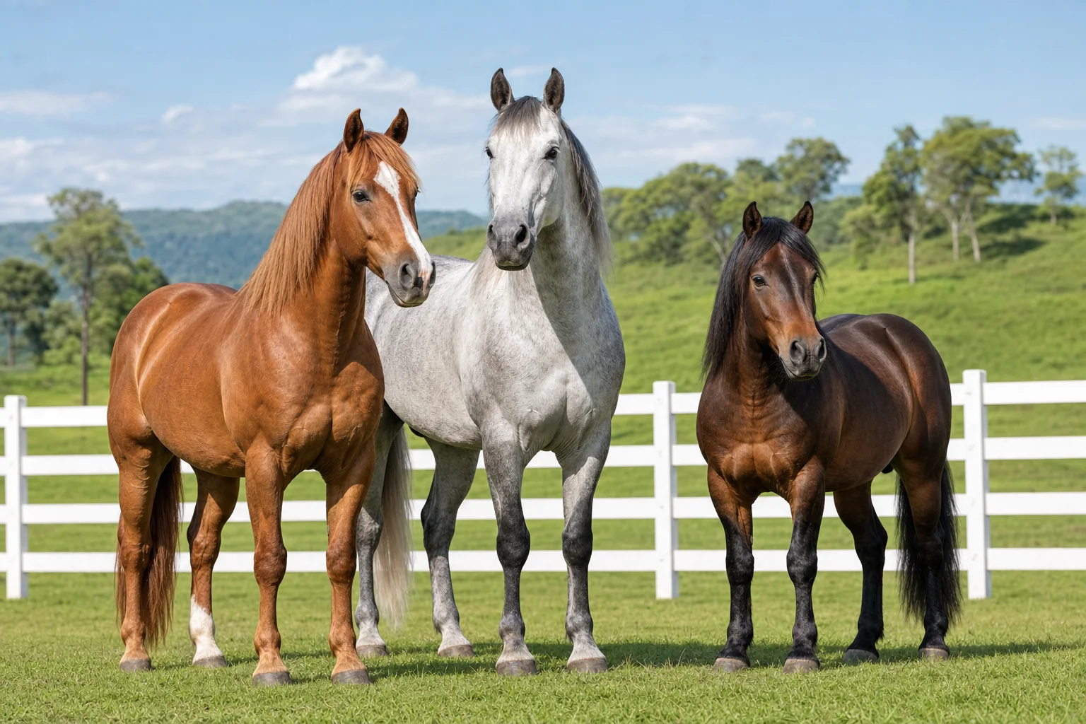 Três cavalos de raças e pelagens diferentes em um pasto