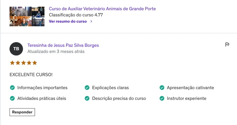 Avaliação de aluno — excelente curso