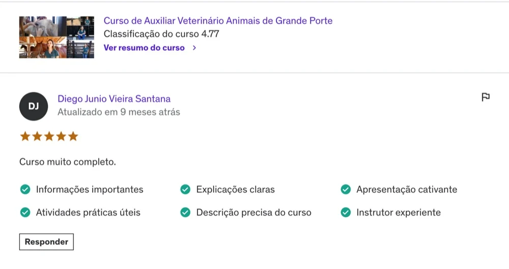 Avaliação de aluno — curso muito completo